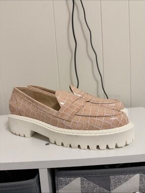Croc-Embossed Platform Loafers in Blush Pink